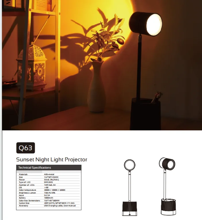HZ-Q63 Q63 Sunset Night Light Projector LED Desk Lamp with Pen Container & 1800mAh Battery